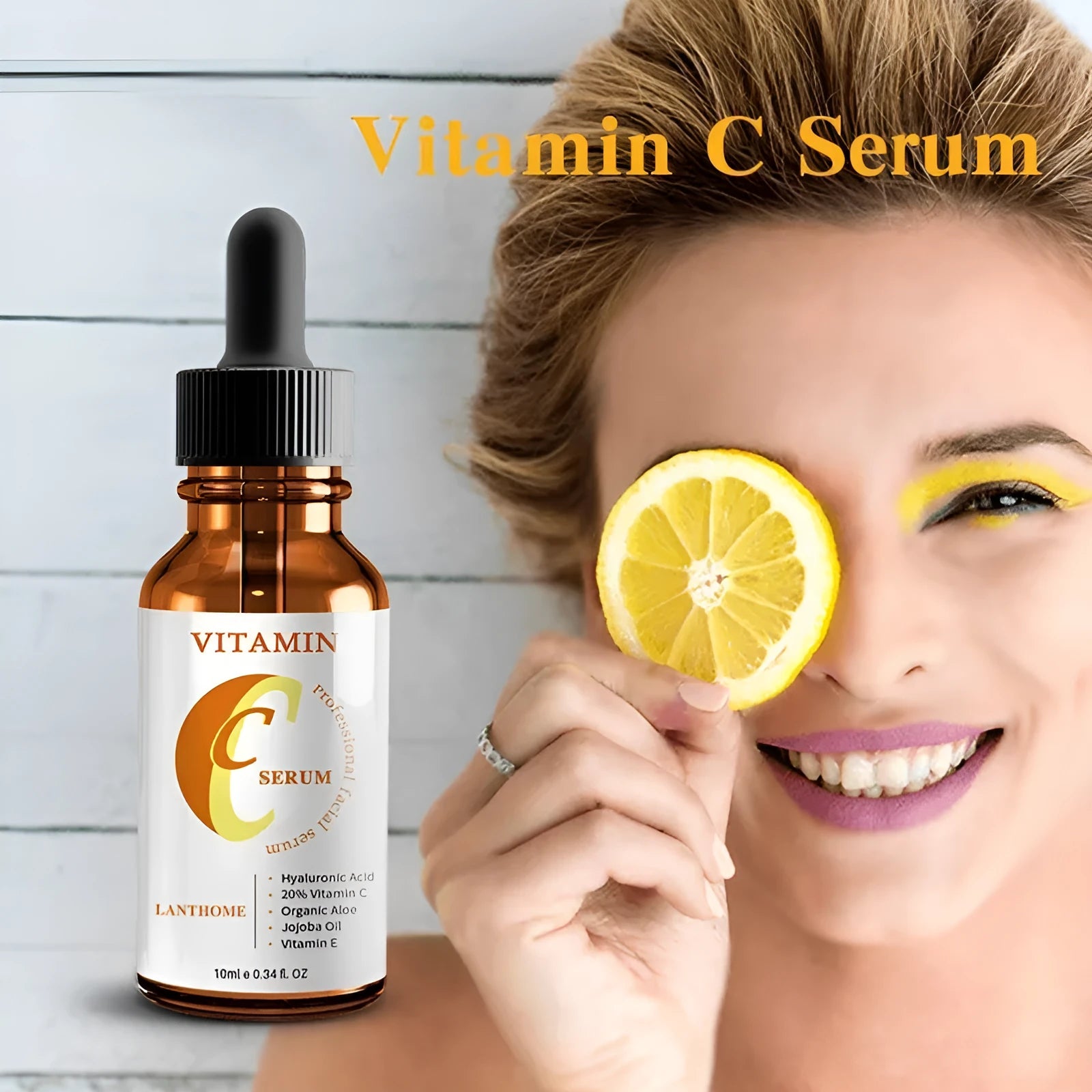 Bottle of Vitamin C and Hyaluronic Acid facial serum for anti-aging and skin brightening.