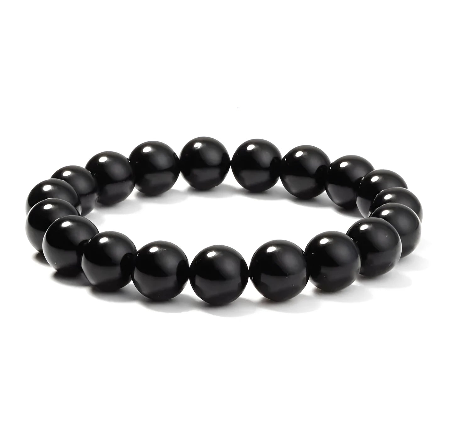 Geometric black onyx bracelet with 8mm beads on a black elastic cord.