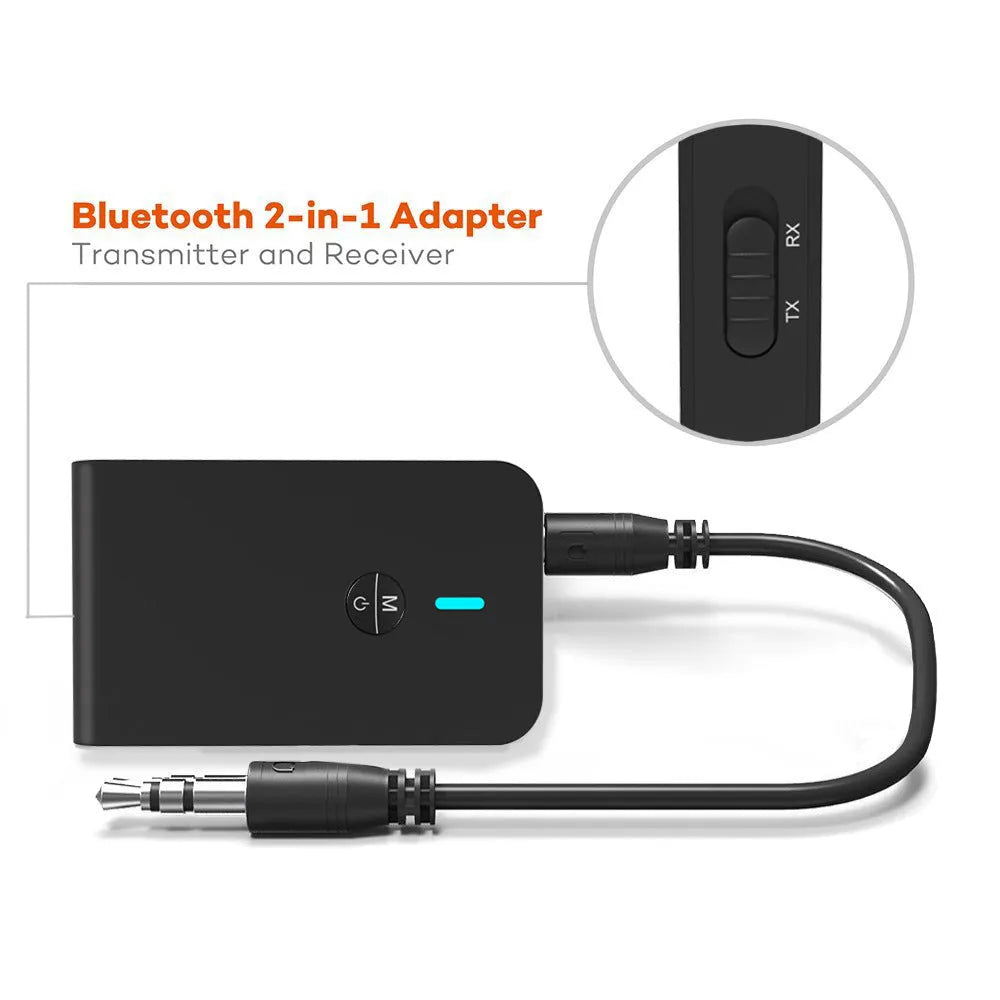 Black Bluetooth audio adapter with 3.5mm AUX jack for wireless music streaming to car and home stereo systems