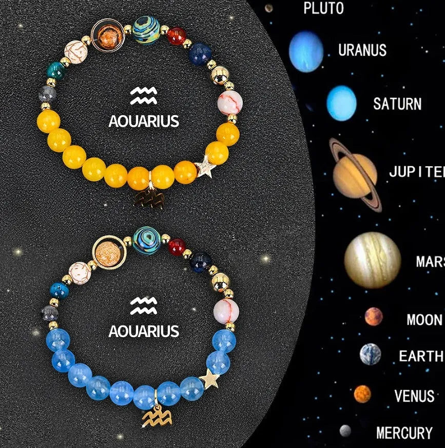 Set of two natural stone beaded bracelets representing zodiac signs from a twelve-style collection.
