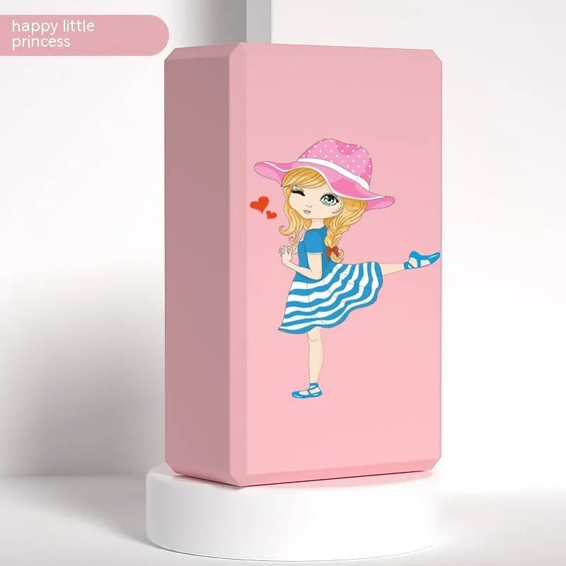 High-density EVA foam yoga block in assorted colours and prints, showing two thickness options for yoga and dance.