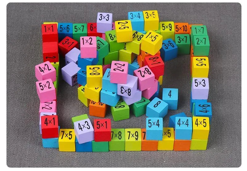 Wooden multi-coloured multiplication table with numbered cubes and base board
