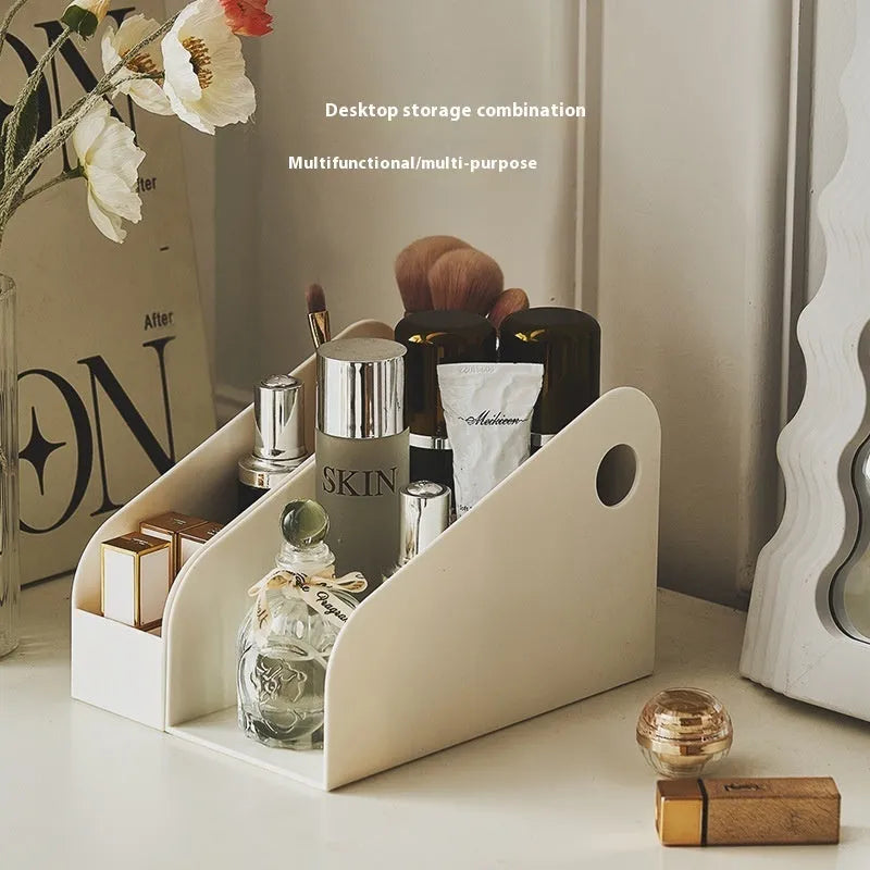 Milk Coffee coloured plastic desktop storage box with two internal grids for documents.