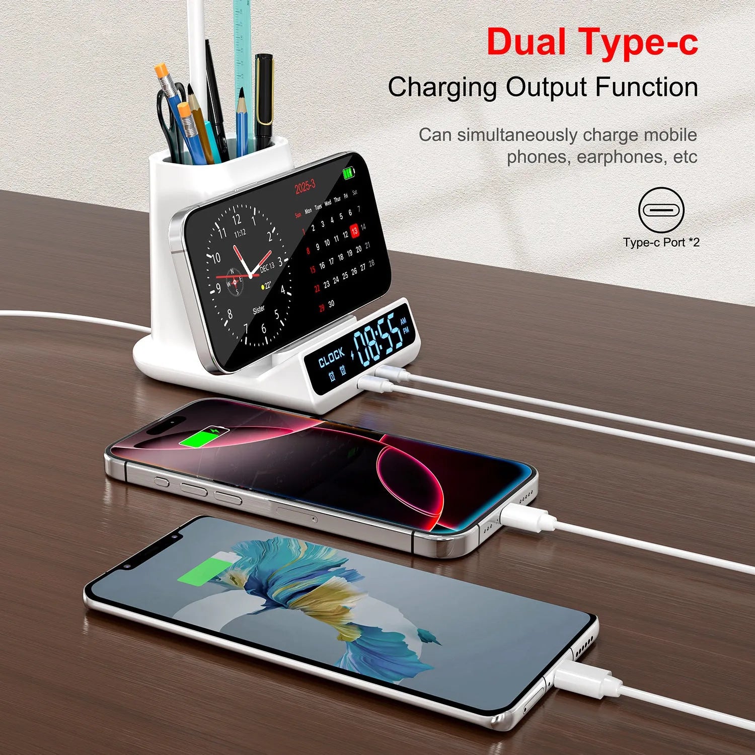 Wireless charging desk lamp with pen holder and storage box in modern minimalist design