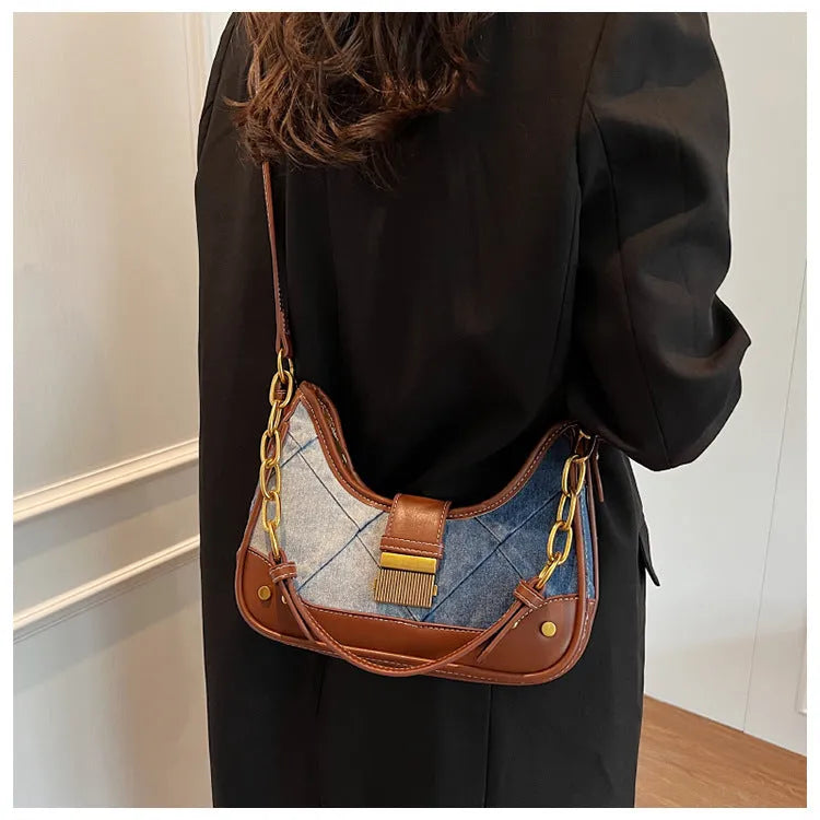 Brown denim women's shoulder bag with diamond mesh pattern and chain strap details