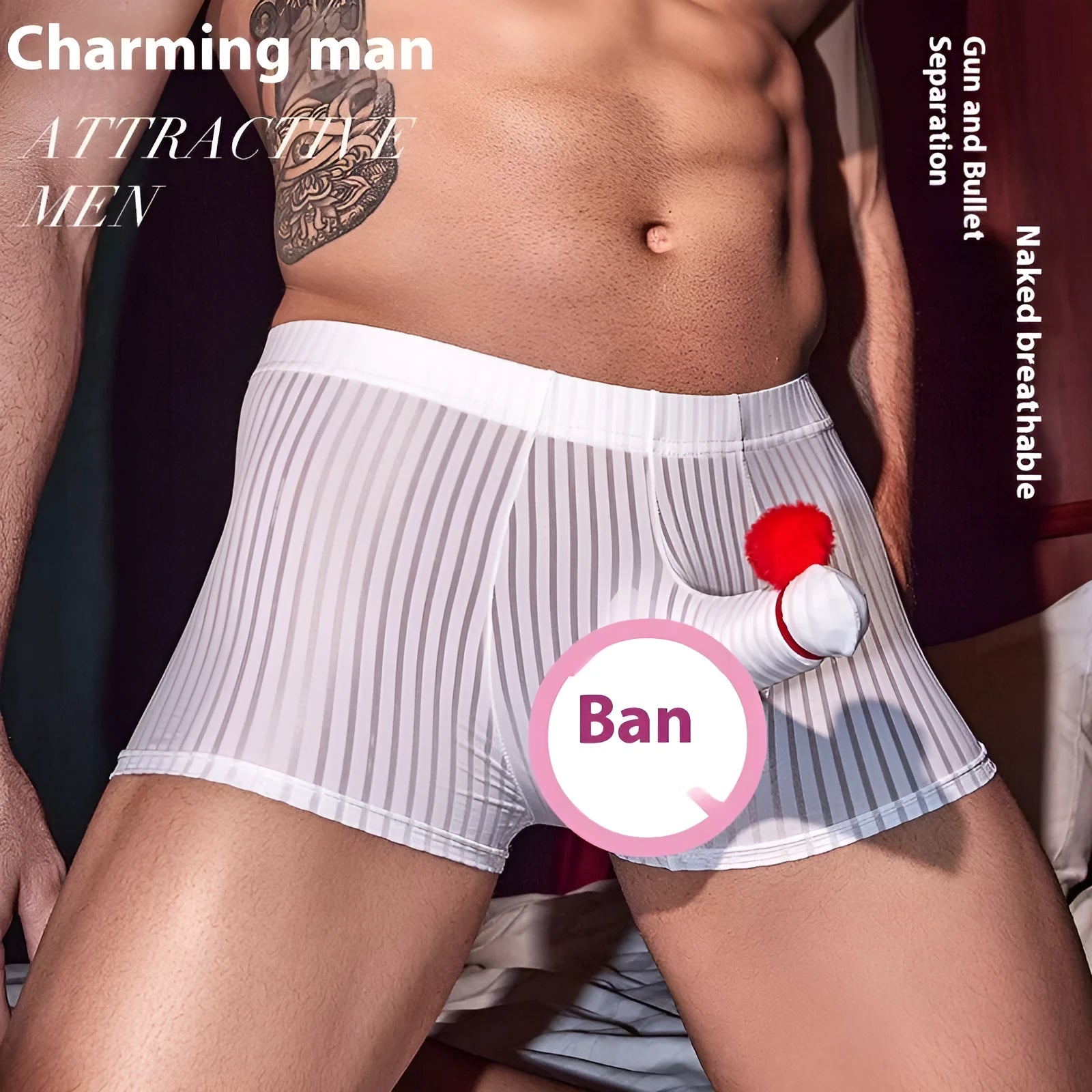 Men's black vertical stripe underwear showing elastic waistband and breathable nylon fabric