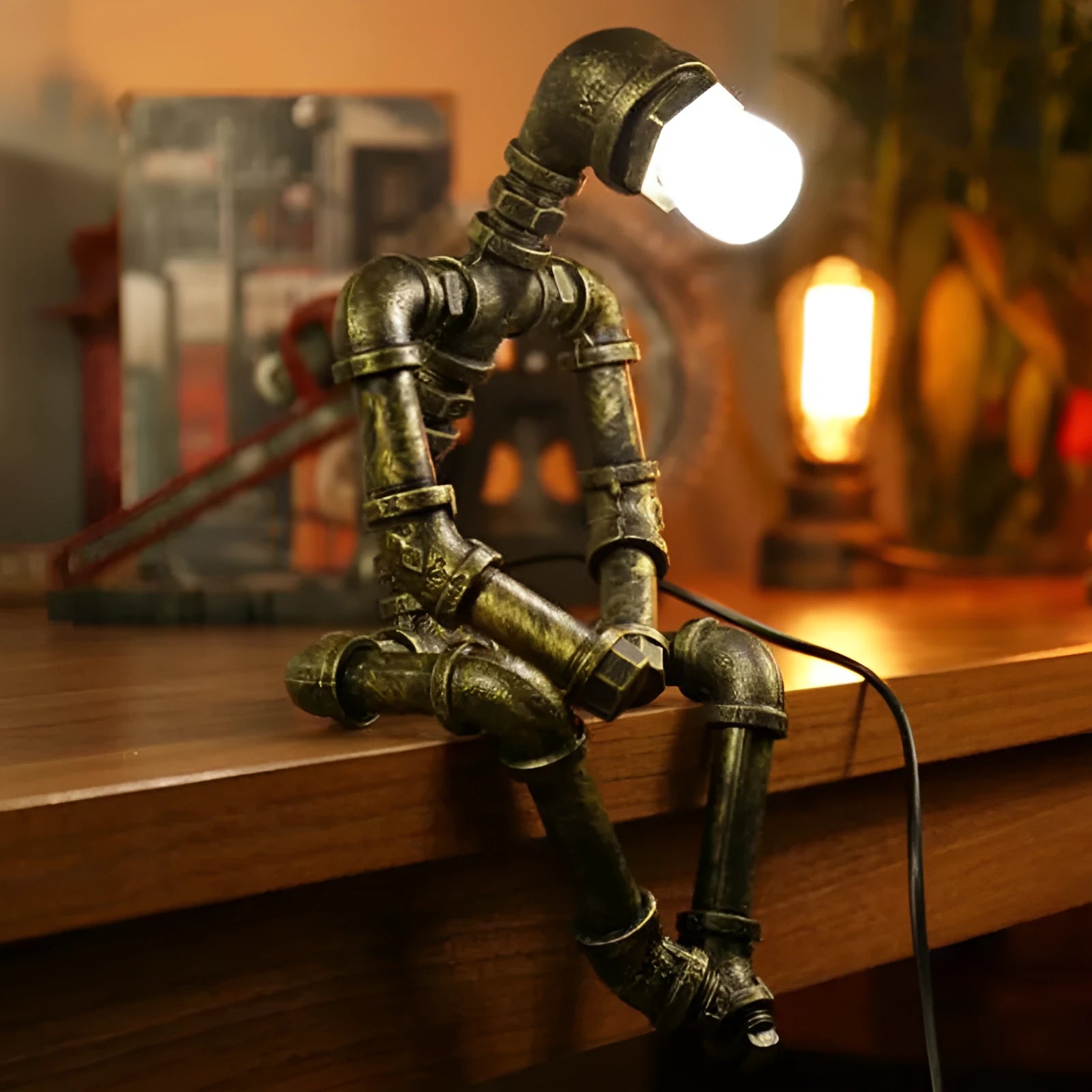 Robot Table Lamp vintage industrial desk light with iron pipe design green bronze finish