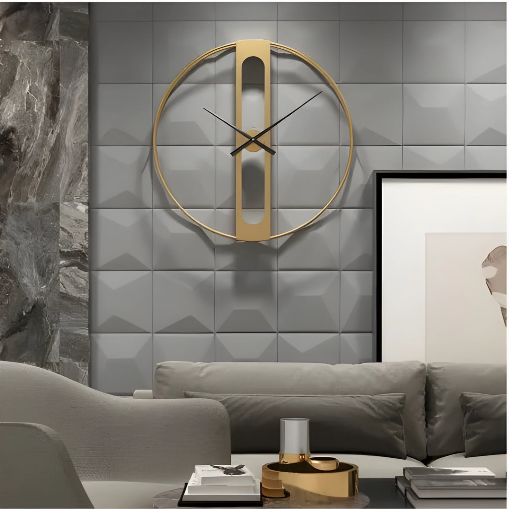 Round metal wall clock with 50cm diameter, shown in black and gold finish options.