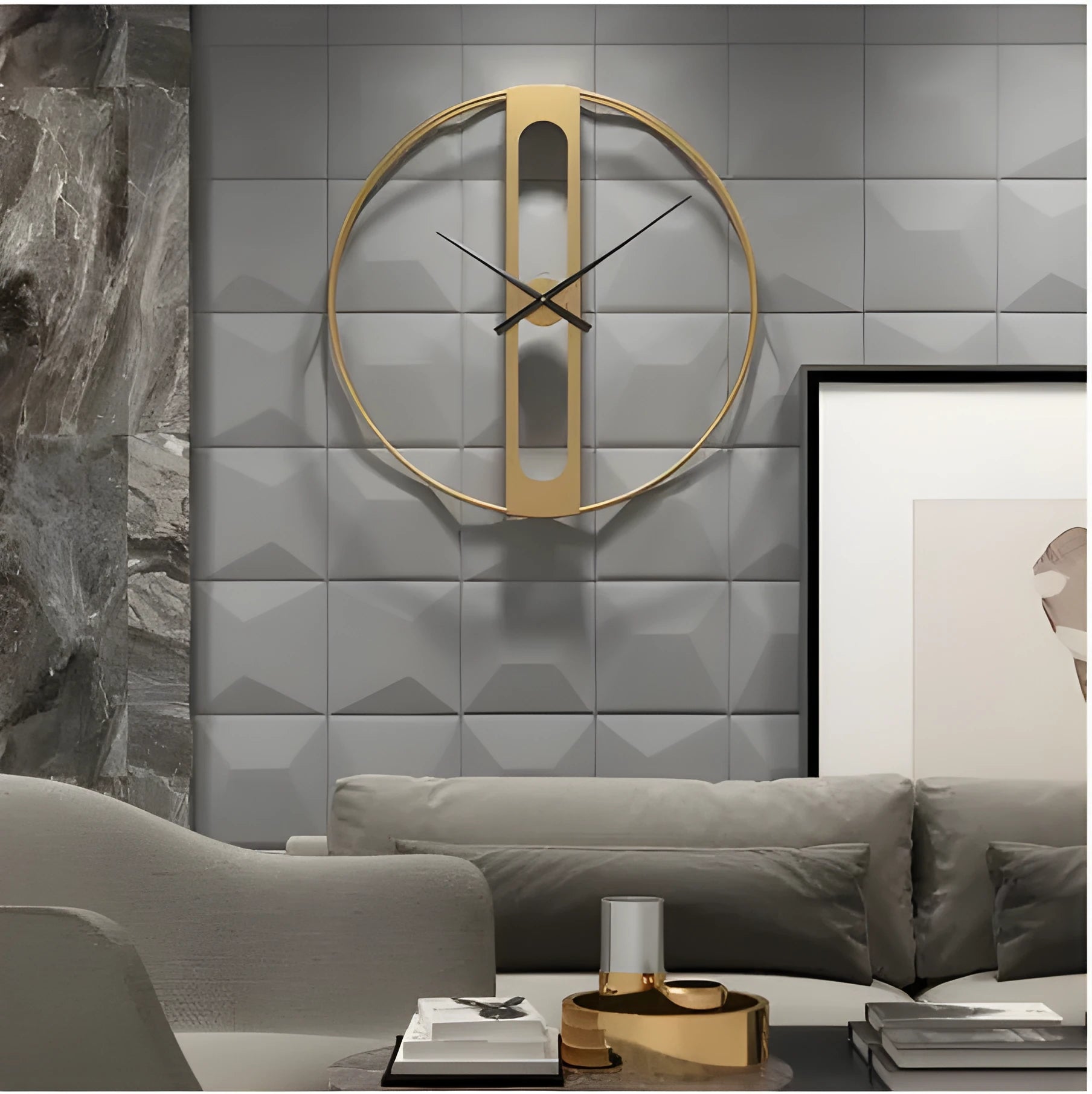 Round metal wall clock with 50cm diameter, shown in black and gold finish options.