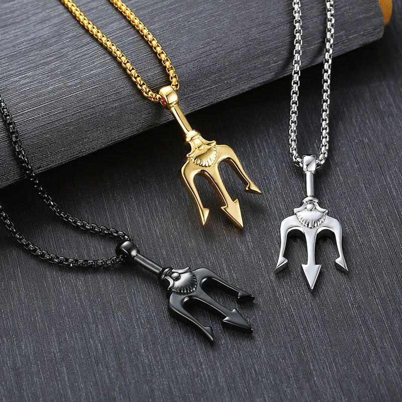 Neptune's Trident retro pendant necklace in 316L titanium steel with 600mm chain, silver colour option