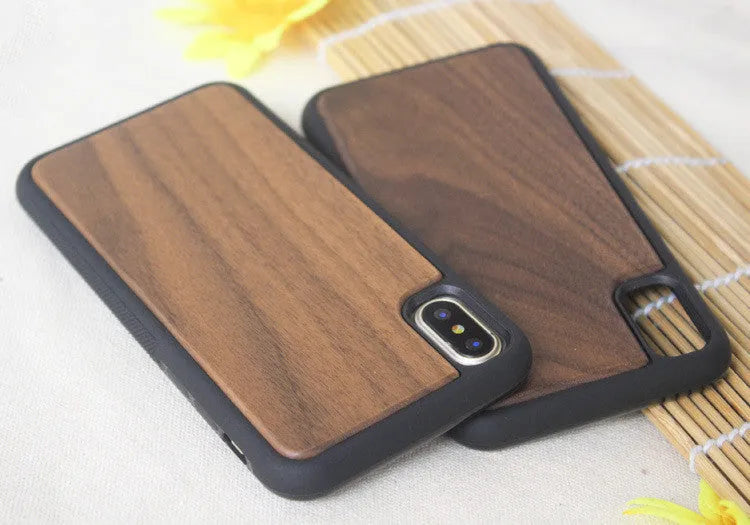 Wooden phone case with natural bamboo back and black TPU sides for iPhone