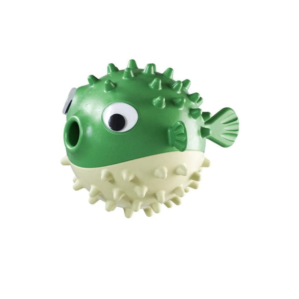 Yellow vinyl fish-shaped dog chew toy with textured surface for dental care