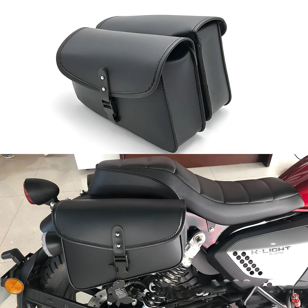 Black motorcycle swingarm side saddlebag mounted on Harley Davidson Sportster