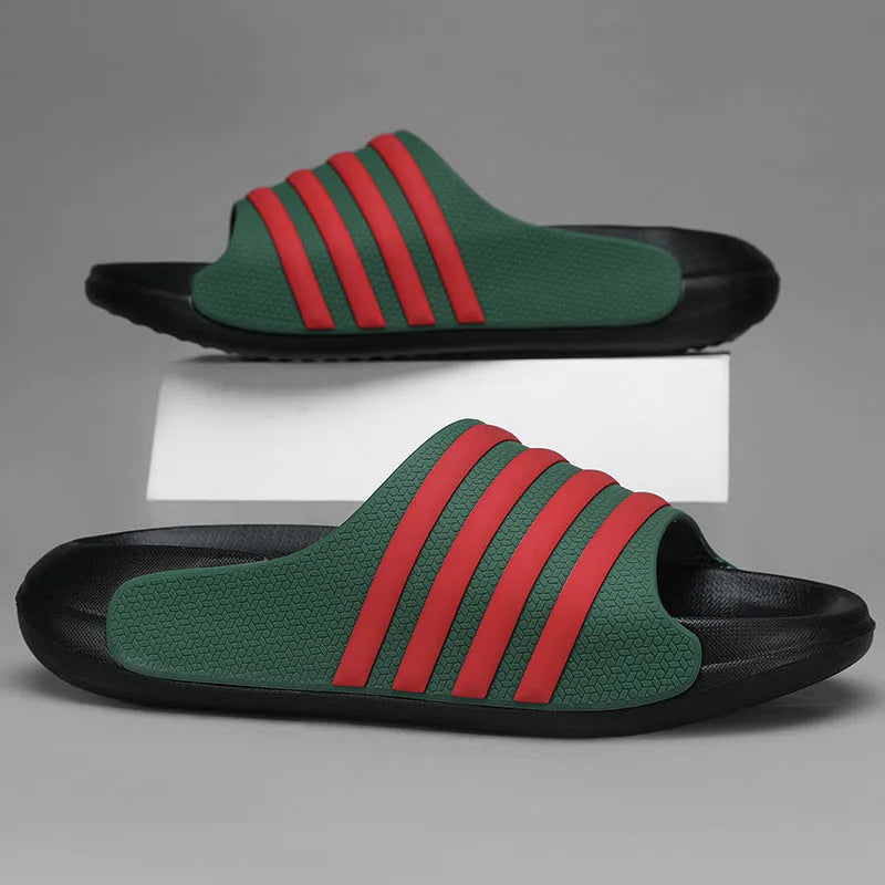 Casual EVA slippers with PVC upper in beige, black and white, blue and white, and green colour options