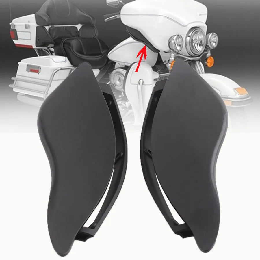 Pair of smoked ABS windshield side wings for a Harley-Davidson trike conversion.