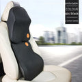 Black and brown memory foam car headrest pillow and lumbar support cushion set on a car seat.