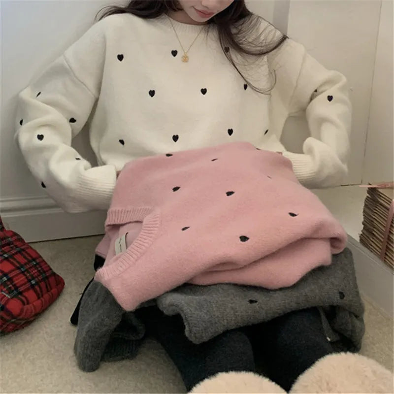 Women's loose acrylic pullover sweater with love embroidery in beige, grey, or pink.