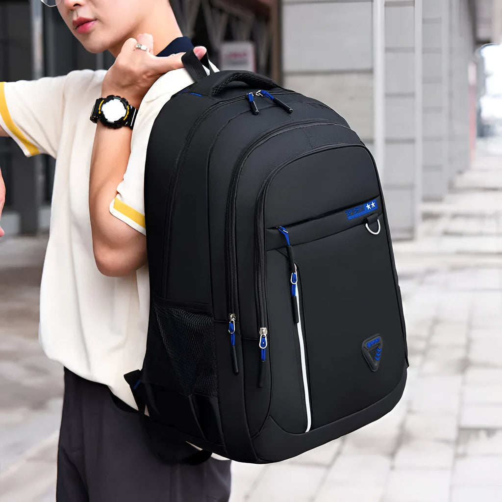 Men's Oxford cloth large capacity schoolbag with air pillow belt system in black, blue, green, or red colours