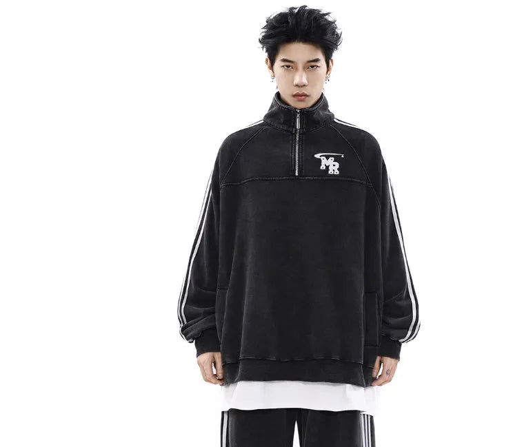 Black stand collar hoodie with long sleeves and Hong Kong style design