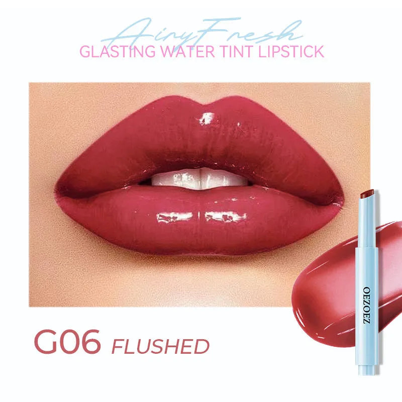 Waterproof moisturising lipstick in a case, showing one of six available colour shades.