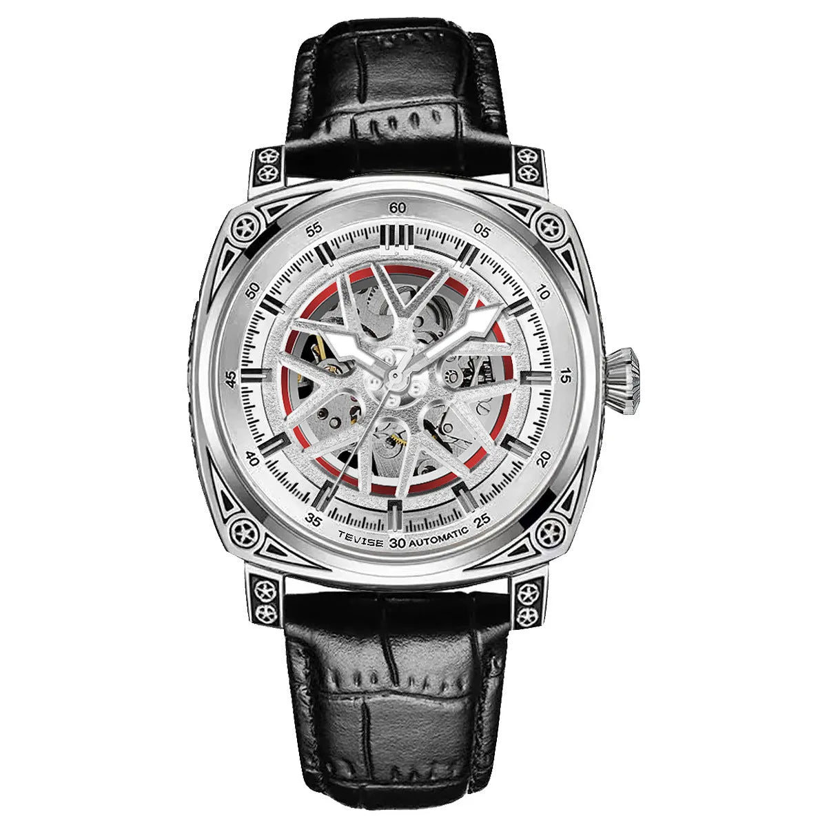 Men's stainless steel automatic watch with a blue leather strap showing time on dial