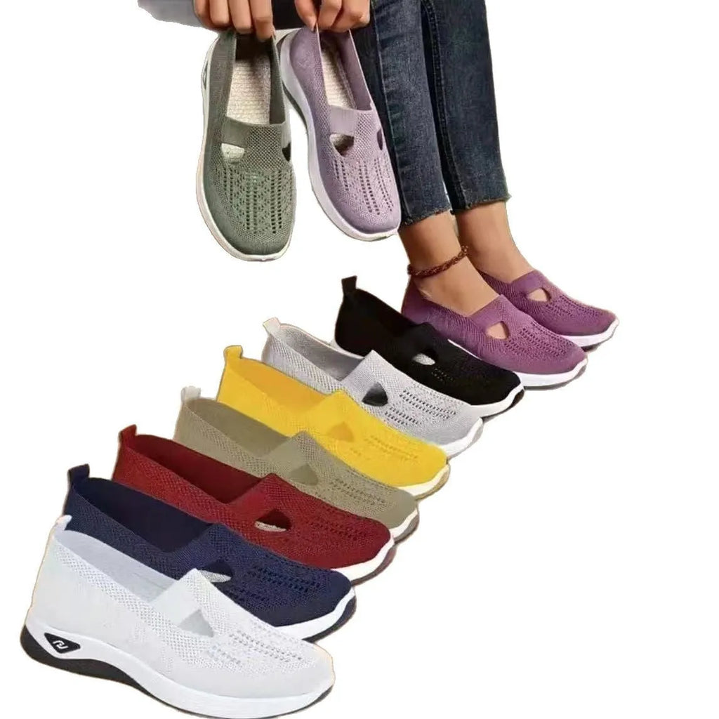 Women's casual mesh flat shoes with a T-bar strap and round toe in multiple colours.