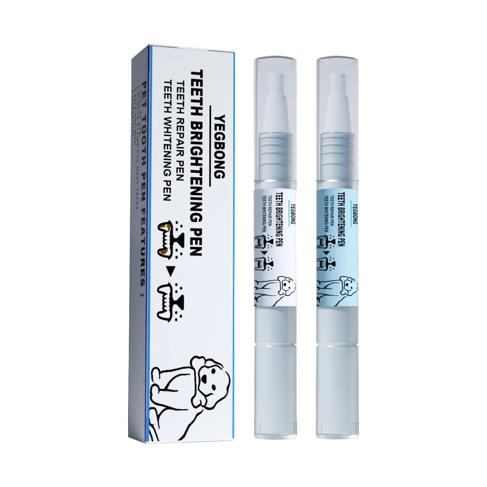 White pet teeth whitening pen applicator with two dental brushes for dog and cat oral care