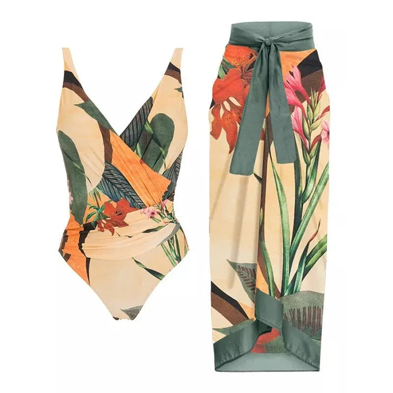 Women's solid colour one-piece swimsuit with spaghetti straps and a matching skirt.