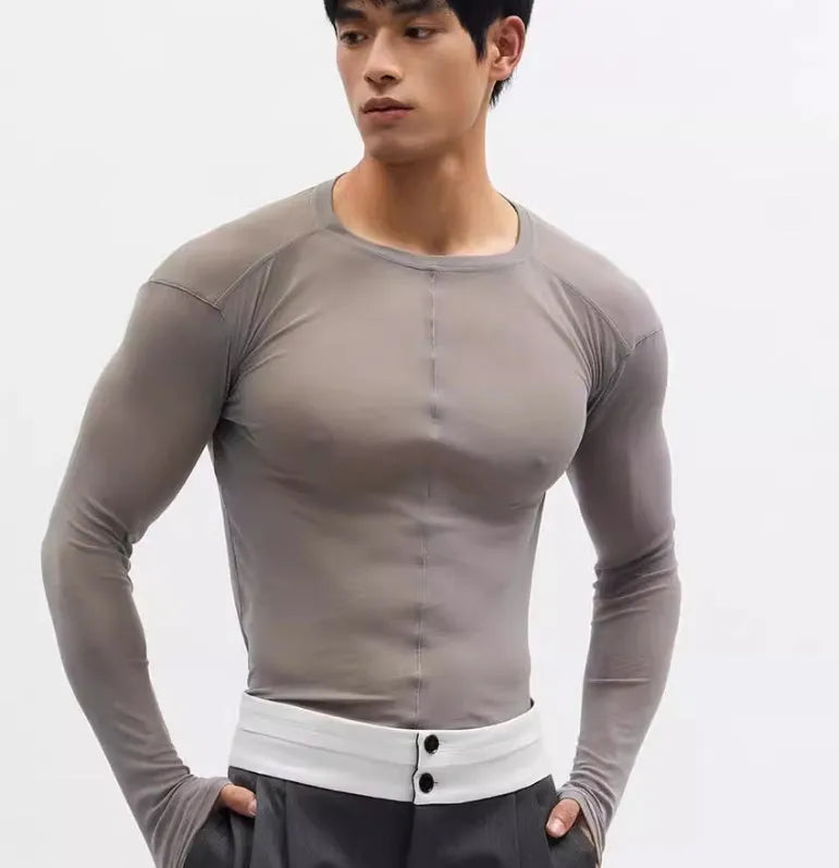 Black slim-fit mesh pullover with long sleeves and a round collar.