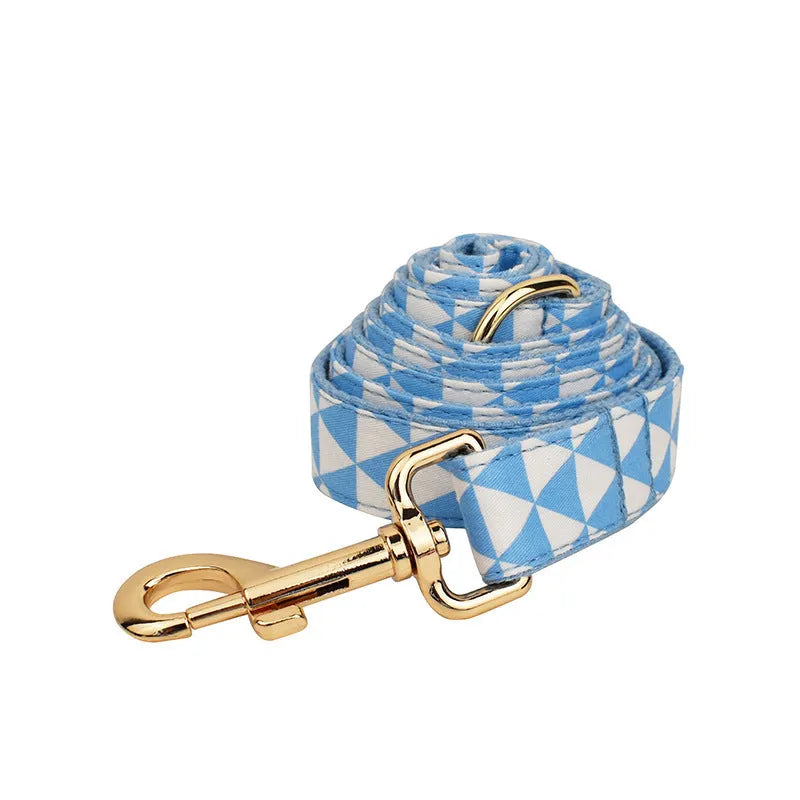 Blue triangular ring rope cloth dog collar, leash, bow, and vest set in multiple sizes XS to XL