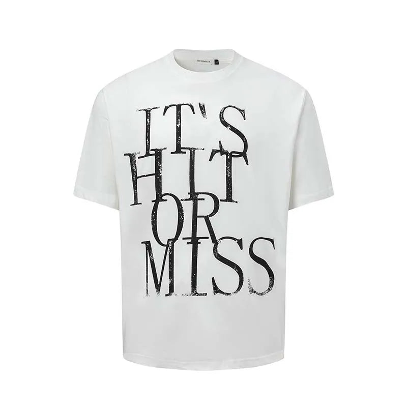 Man wearing a blue American retro letter print loose fit cotton blend t-shirt.