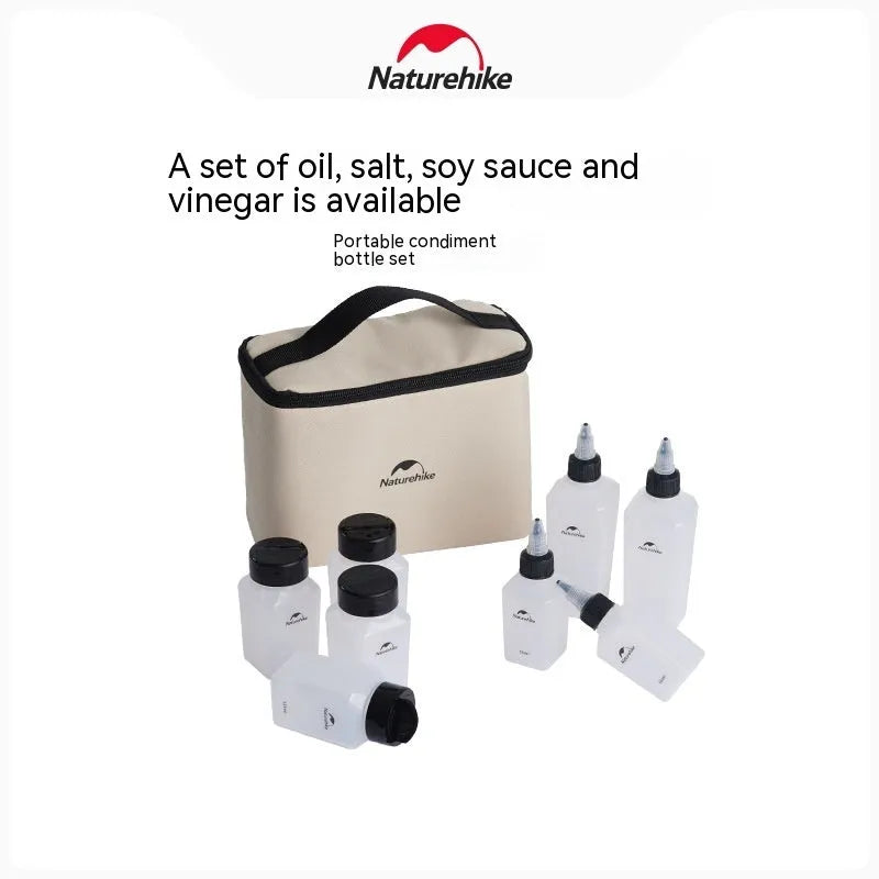 Naturehike outdoor seasoning bottle set showing six white PP containers with modern simple design