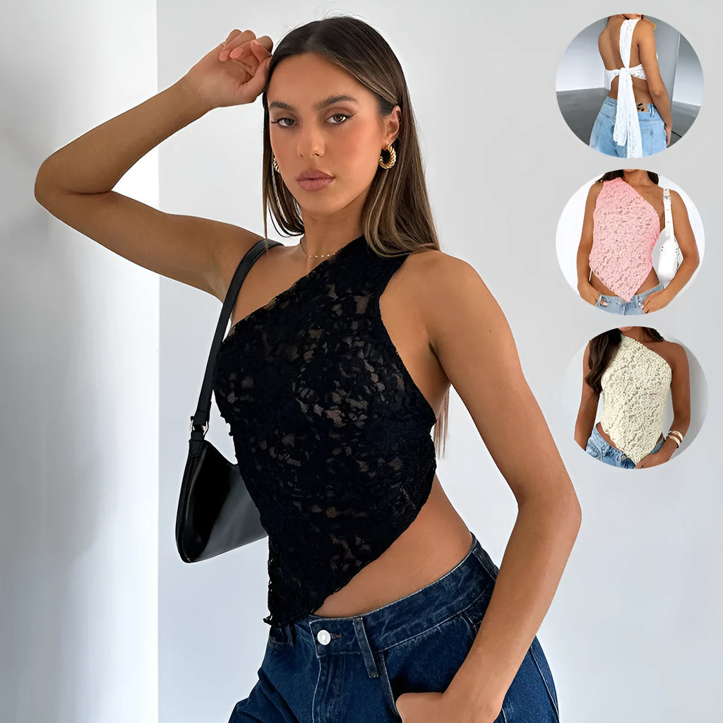 Women's apricot lace backless sleeveless top with an asymmetrical neckline on a hanger.