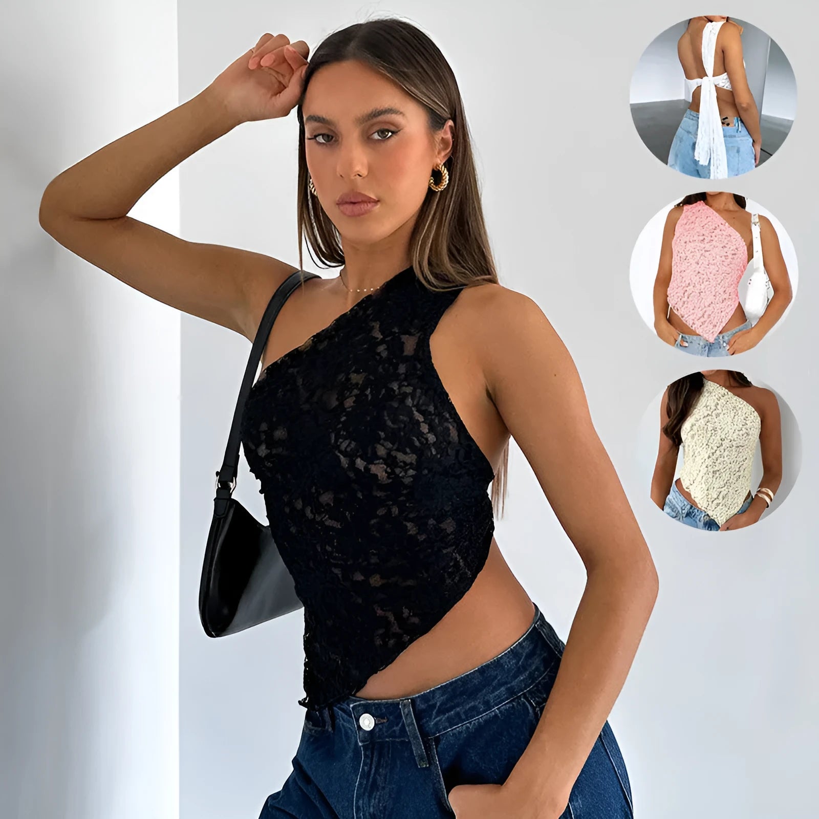 Women's apricot lace backless sleeveless top with an asymmetrical neckline on a hanger.