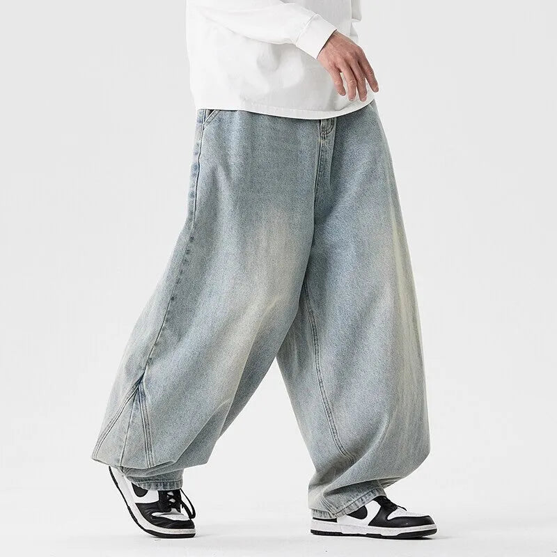 Men's plus size wide leg cotton denim jeans in three colour options with straight leg opening