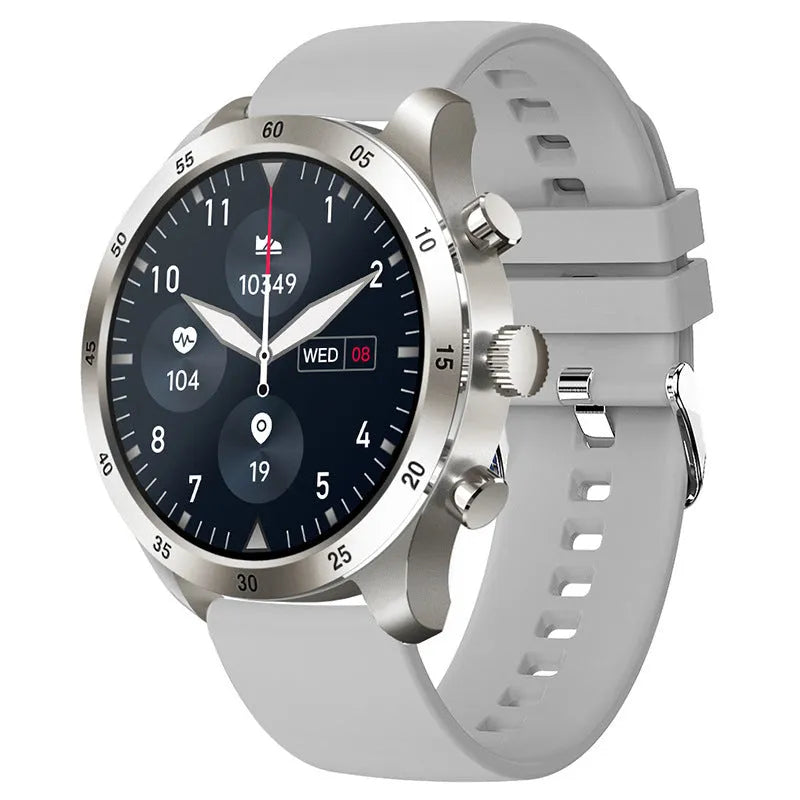 Smart watch with Bluetooth calling display showing music playback and health metrics
