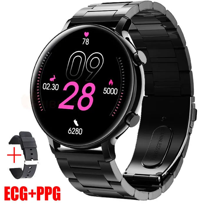 Bluetooth smartwatch with stainless steel strap showing call function and health metrics on screen.