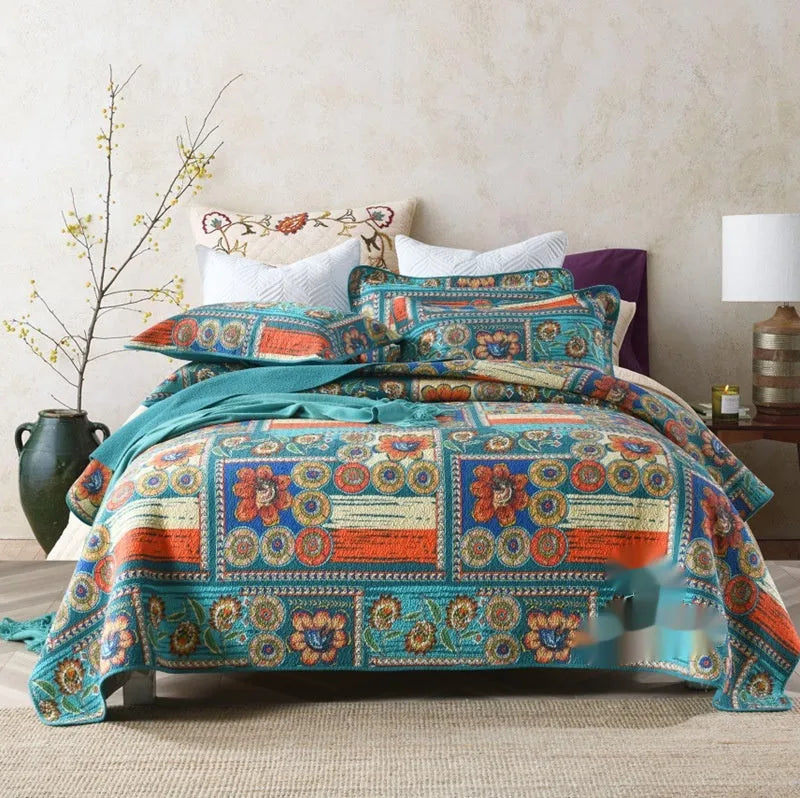 Pure cotton bedspread three-piece set with geometric print pattern showing bed cover and pillowcases
