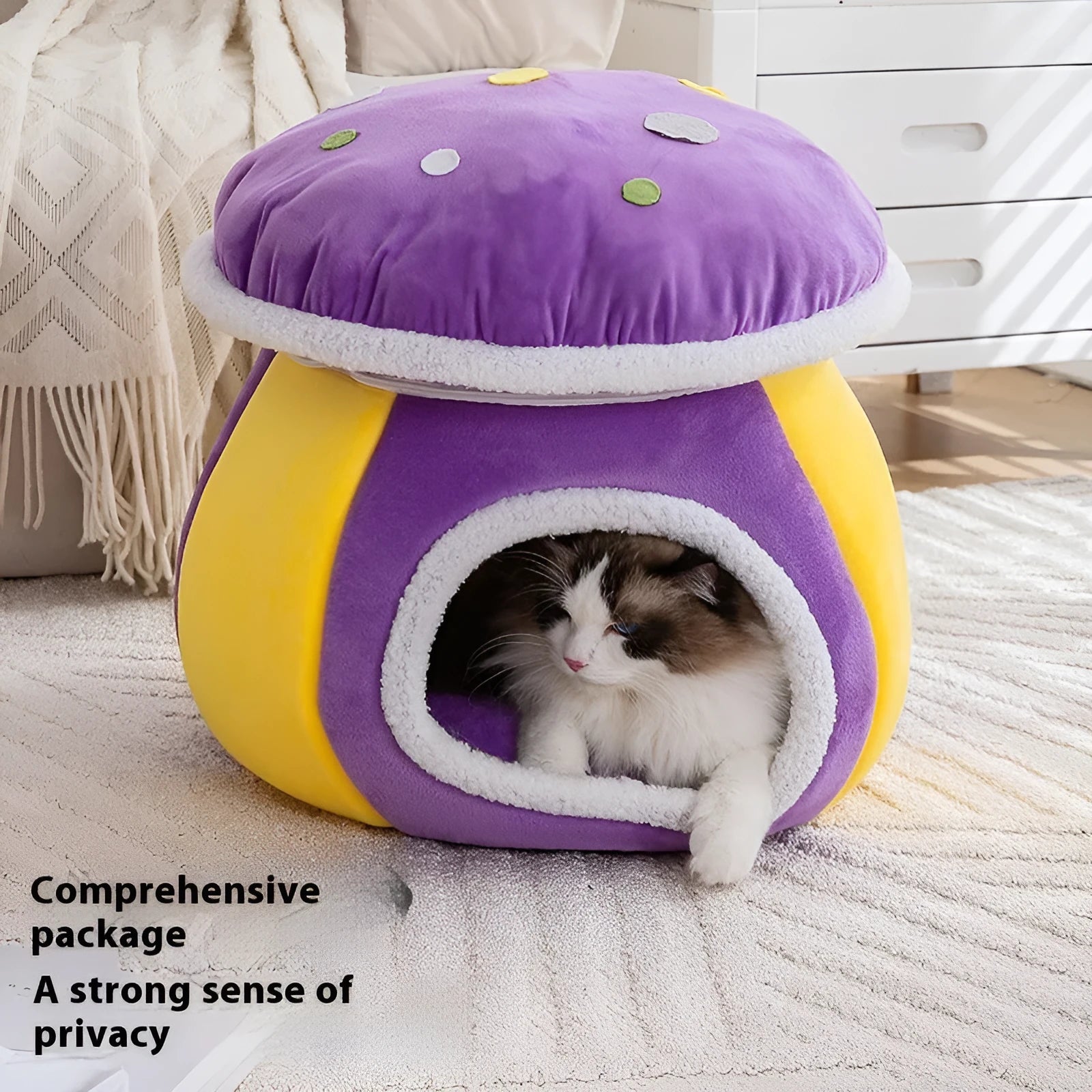 Grey mushroom-shaped cat nest bed with a detachable plush blanket for indoor cats.