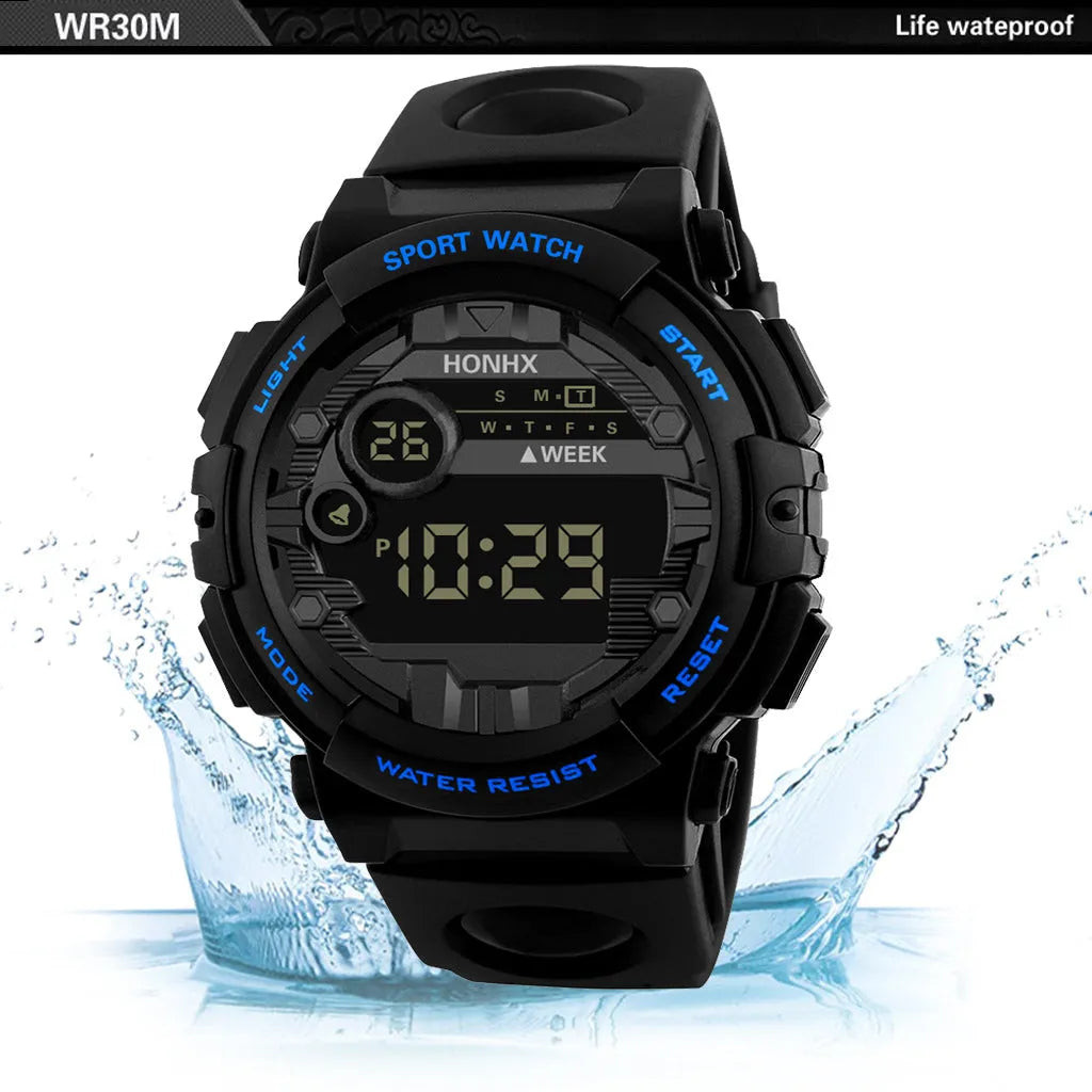 Digital electronic watch for boys and girls with LED display, round resin case, PU strap, black colour option