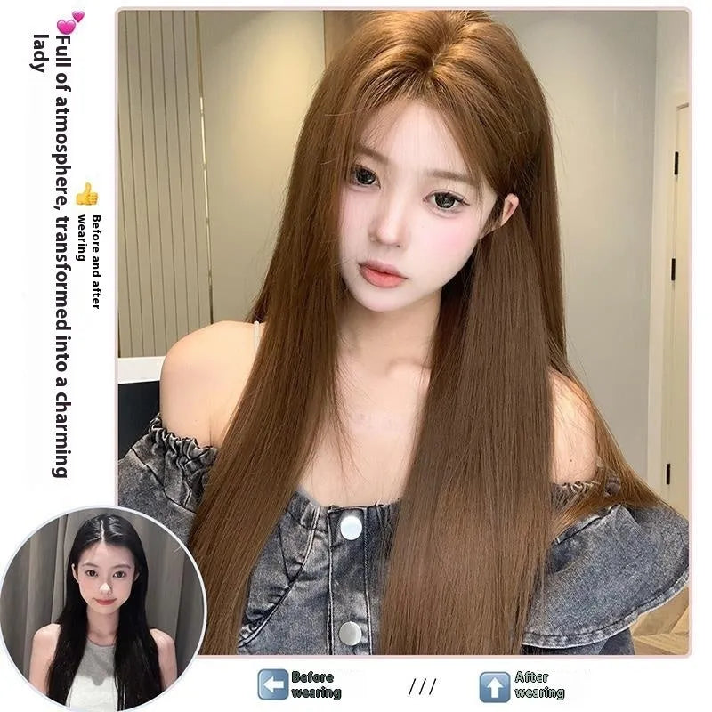 Warm brown long straight synthetic lace front wig with a centre part and side-swept bangs.