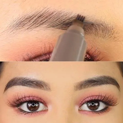 Waterproof four-tip eyebrow pen with fork tip applicator for natural hair-like brow strokes, 1ML liquid tint