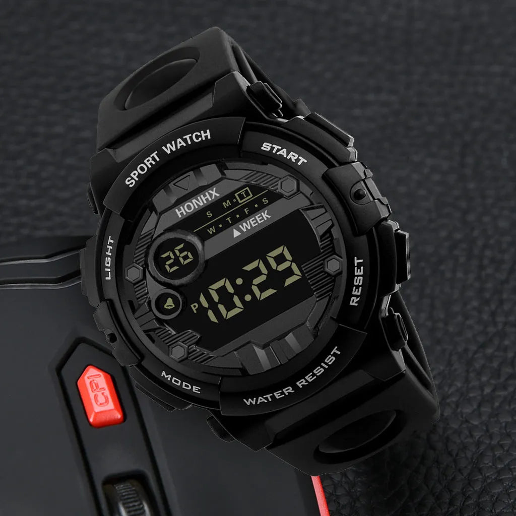 Digital electronic watch for boys and girls with LED display, round resin case, PU strap, black colour option