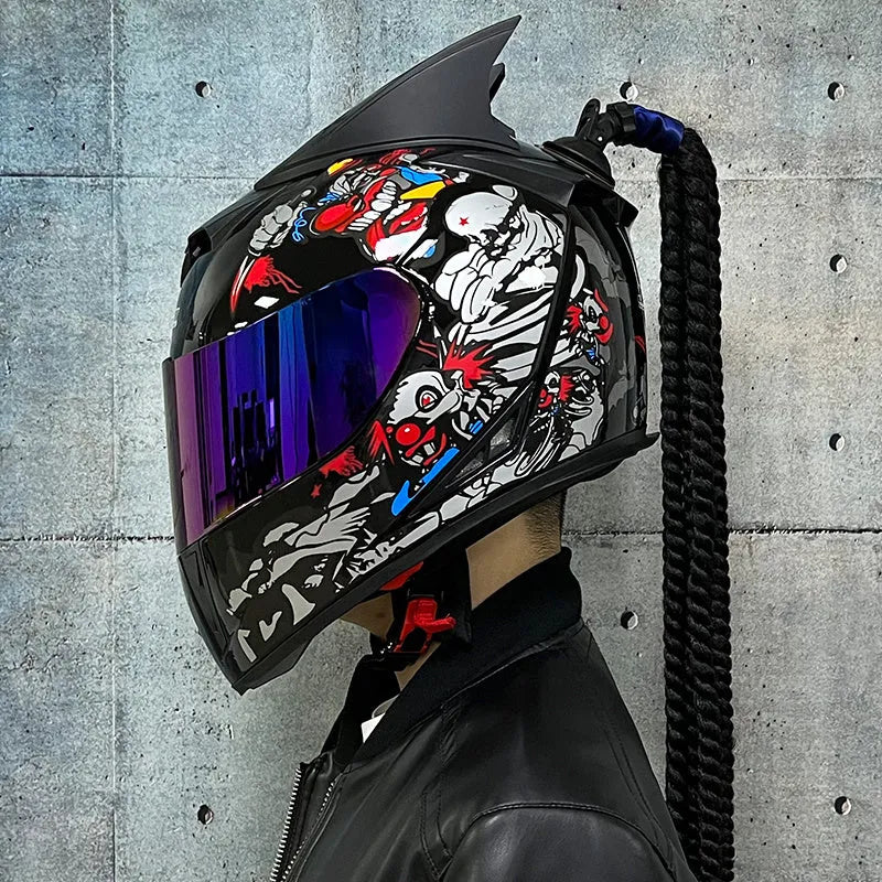 Dirty Braids design full face motorcycle helmet in graphic style like Blue Diamond on ABS shell.