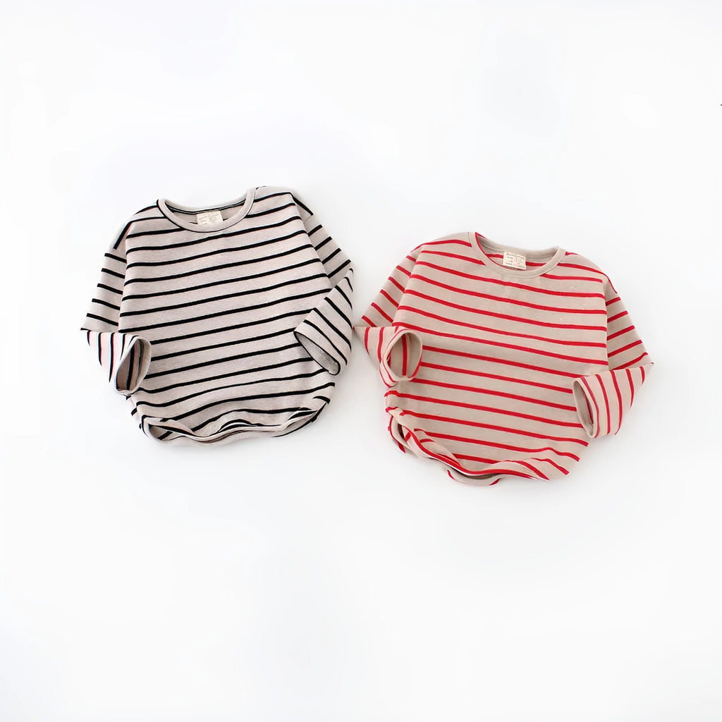 Fashion striped print kids baby girls cotton long sleeve T shirt in black and red on white background