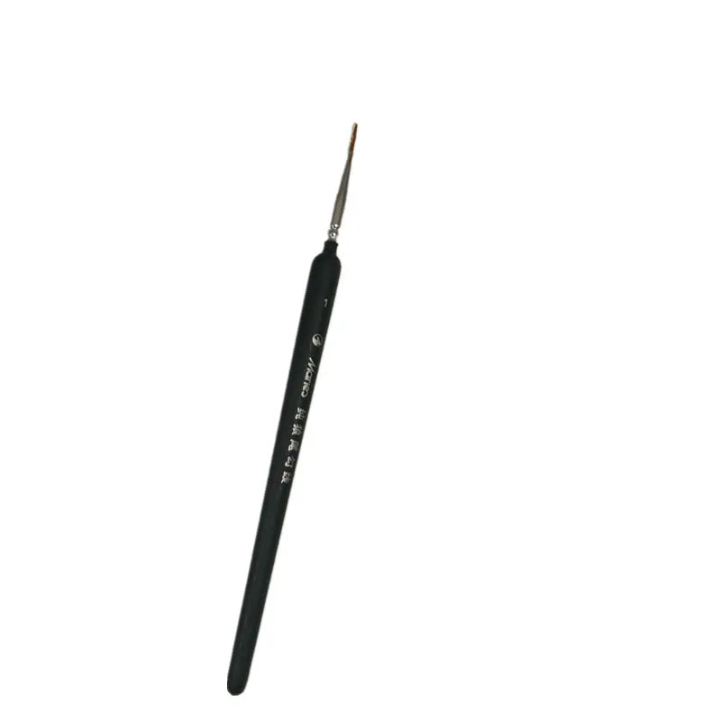 Set of ten black wolf hair hook liner brushes with wooden handles and steel ferrules arranged by size