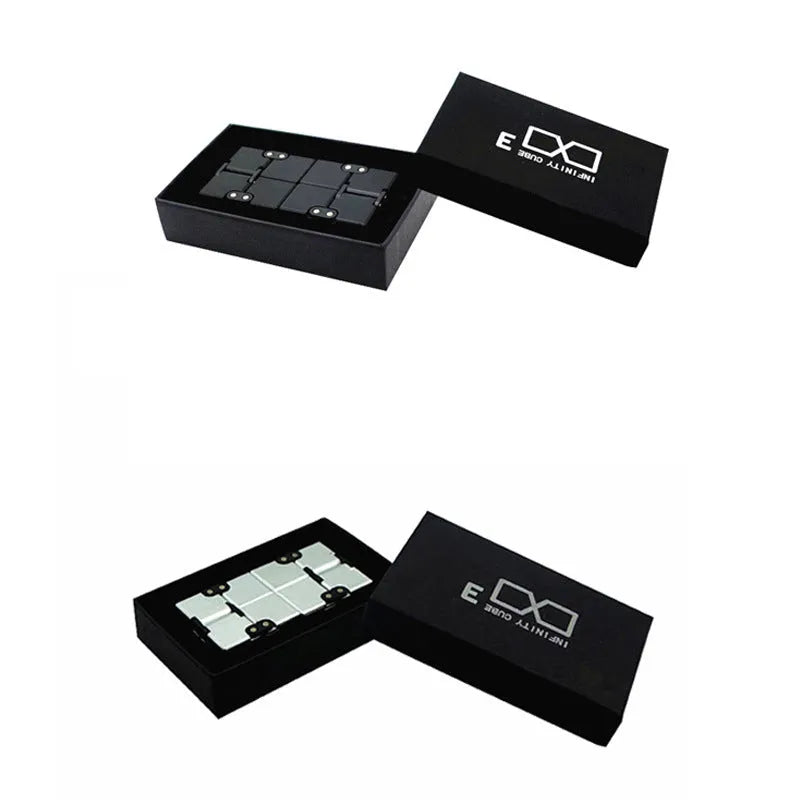 Zinc alloy infinity cube fidget toy in black, measuring 4cm, on a white background