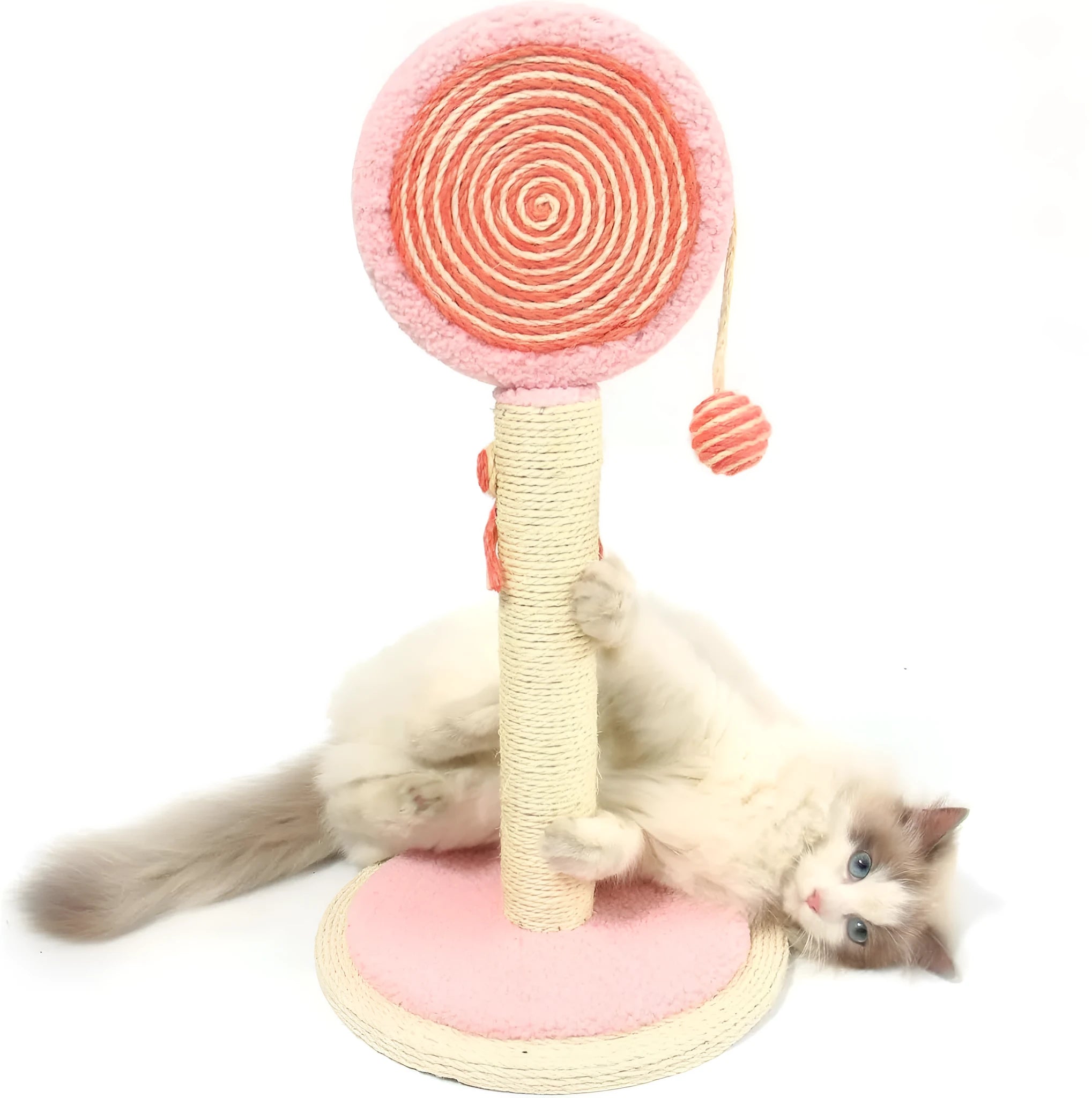 Blue cat scratching post with natural sisal rope and hanging ball toy on sturdy base