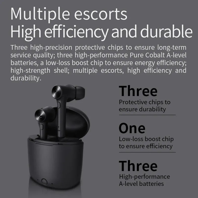TWS Bluetooth headset in black charging case and earbuds, compact 60 x 67.5mm design with 1000-hour standby