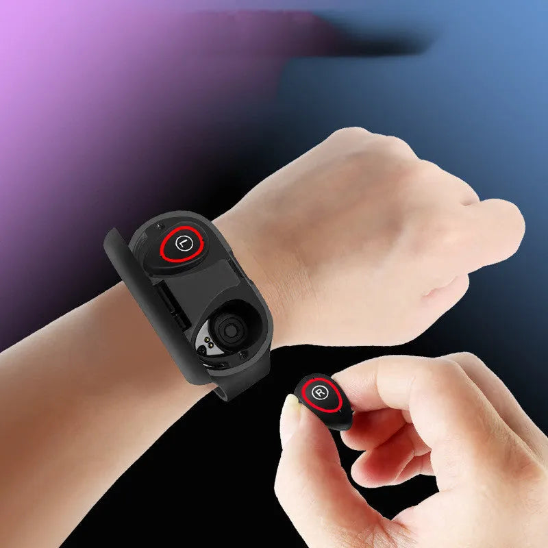 Smart bracelet earphone combo wearable device with 1 inch screen shown in blue, black, and red colour options